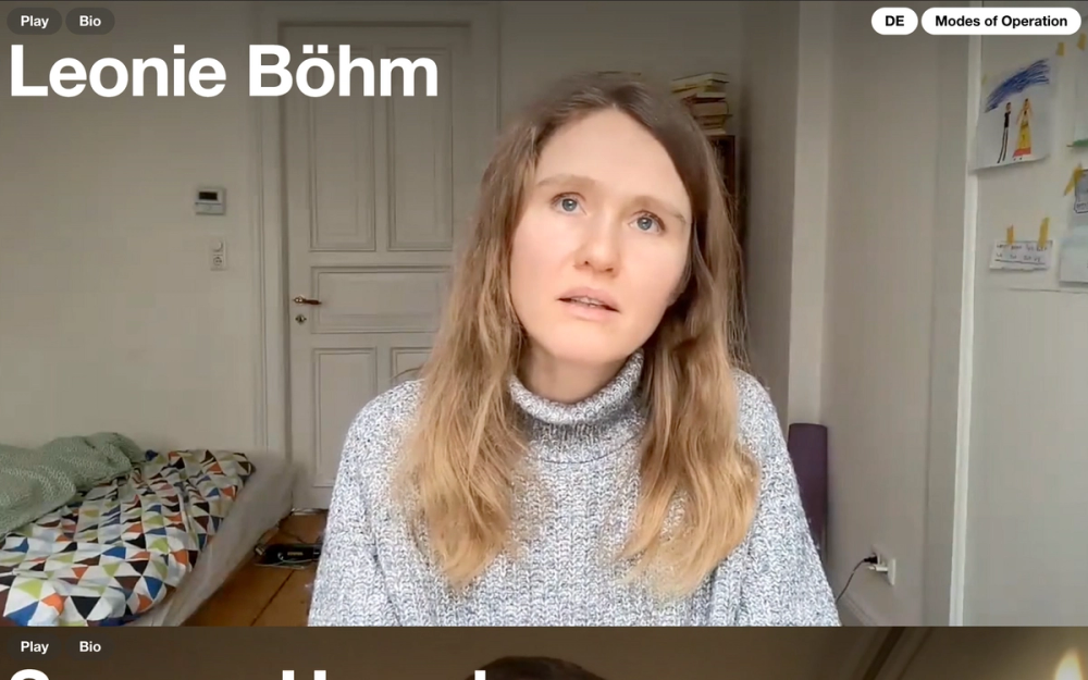 Screenshot from the Modes of Operation homepage with a headline reading the name Leonie Böhm and a video showing Leonie Böhm in the background
