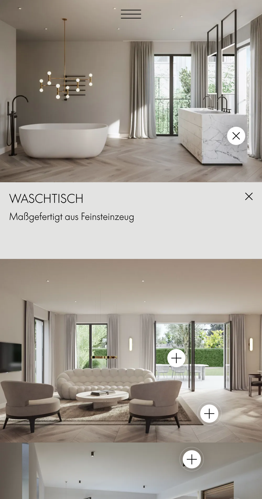Screenshot from the O&B Living website showing three images with touchable overlay buttons