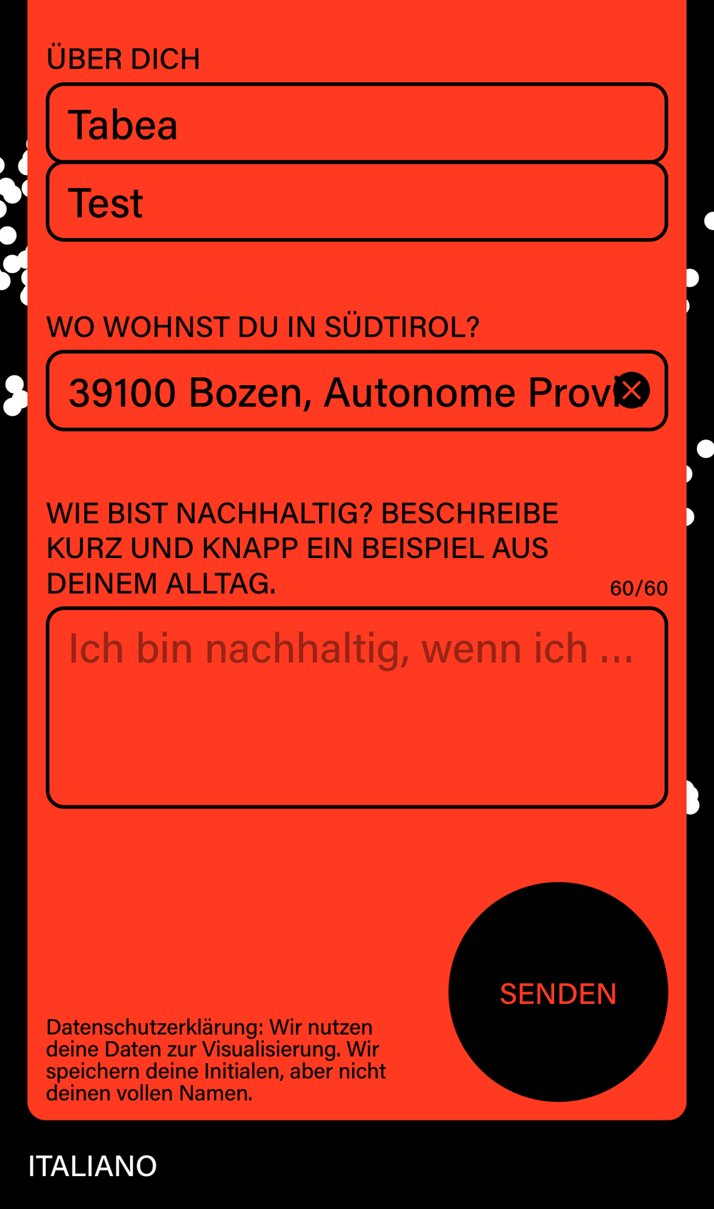 Screenshot from the mobile Everyday for Future website showing a form with name and location fields