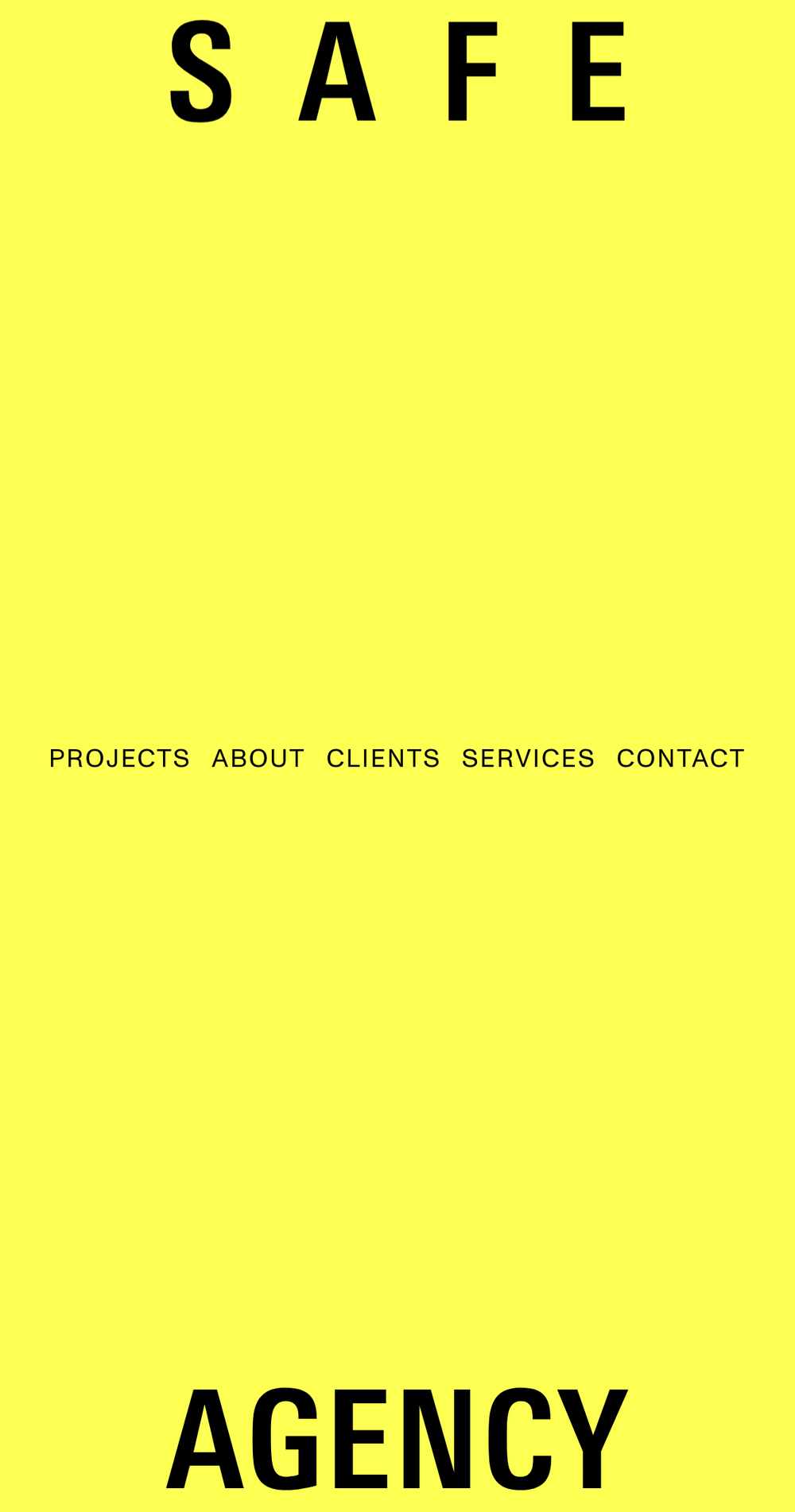 Screenshot of the Safe Agency mobile website showing the About section with the navigation visible on a yellow background