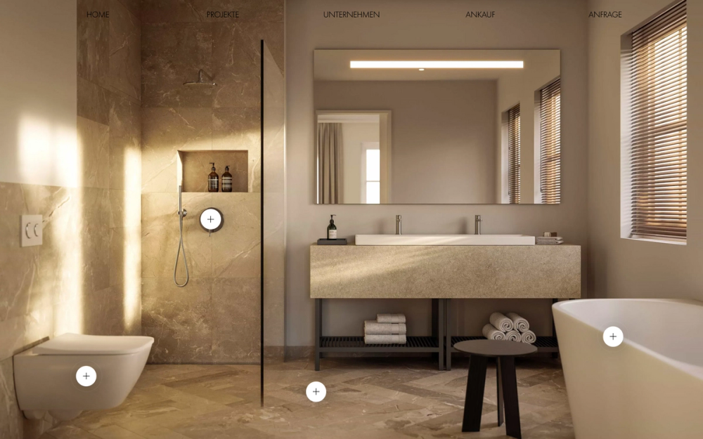 Screenshot of the O&B Living website showing an image of a modern bathroom with some round overlay buttons