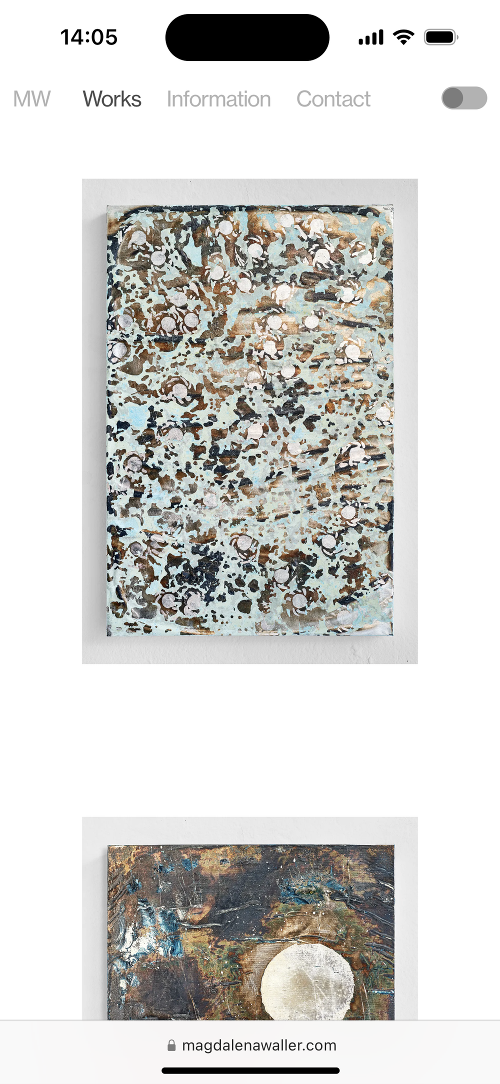 Screenshot of the Magdalena Waller mobile website showing two abstract paintings from the portfolio
