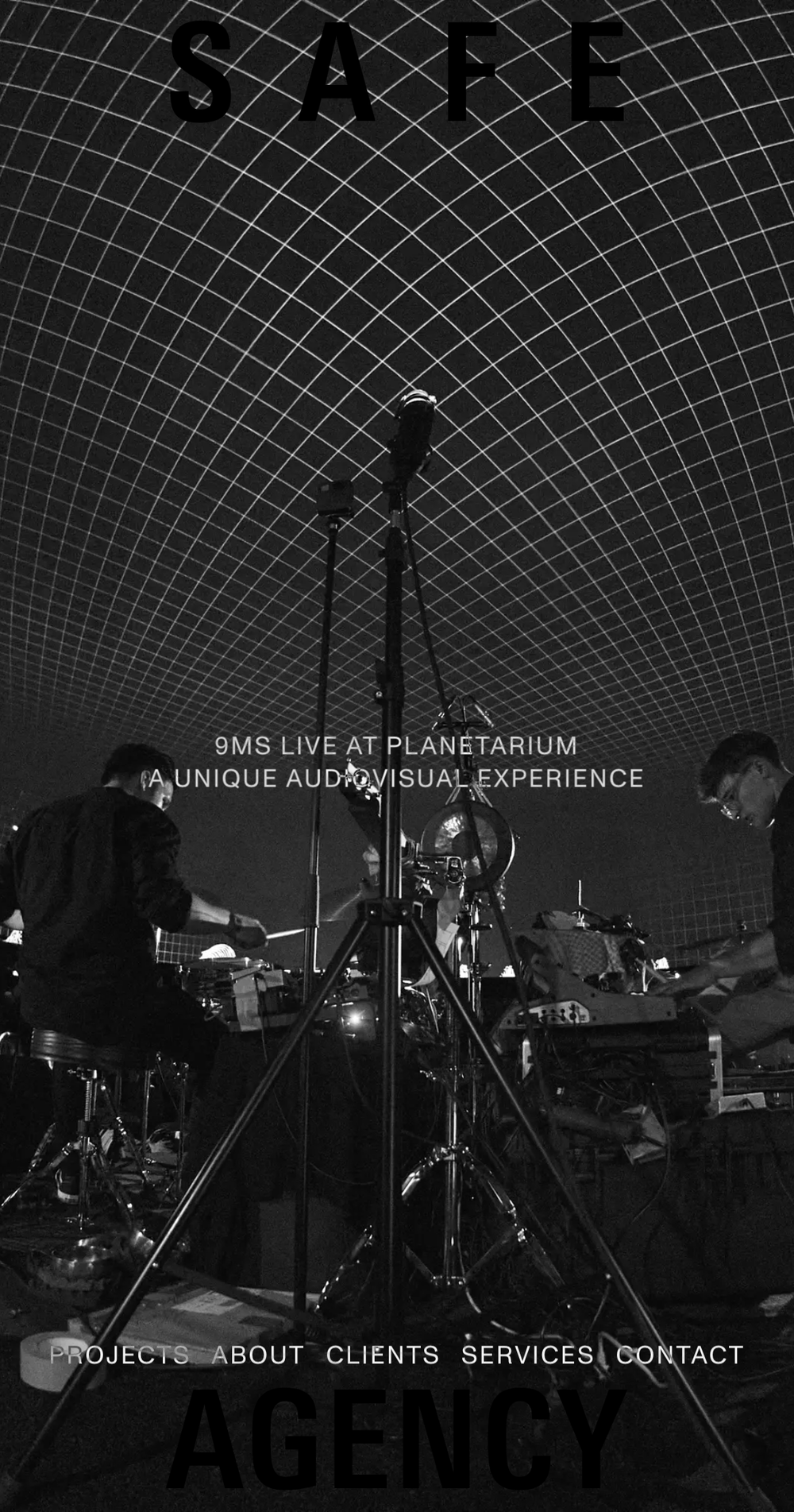 Screenshot of the Safe Agency mobile website showing a project subpage with a large title image showing two drummers on a stage
