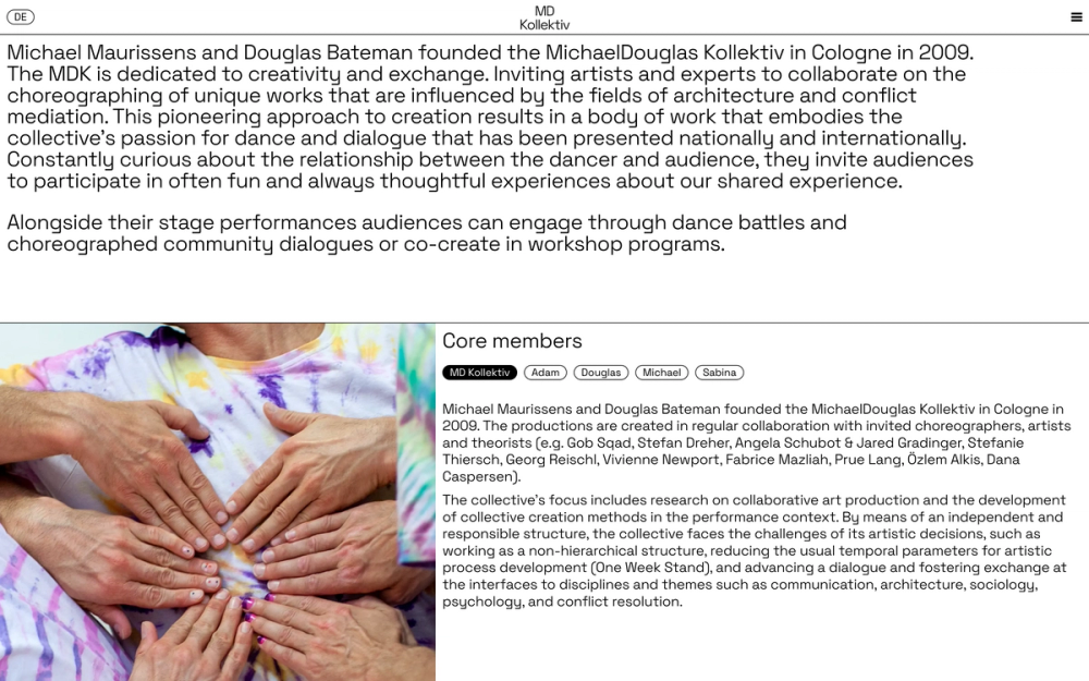 Screenshot from the MD Kollektiv website showing the About page with text