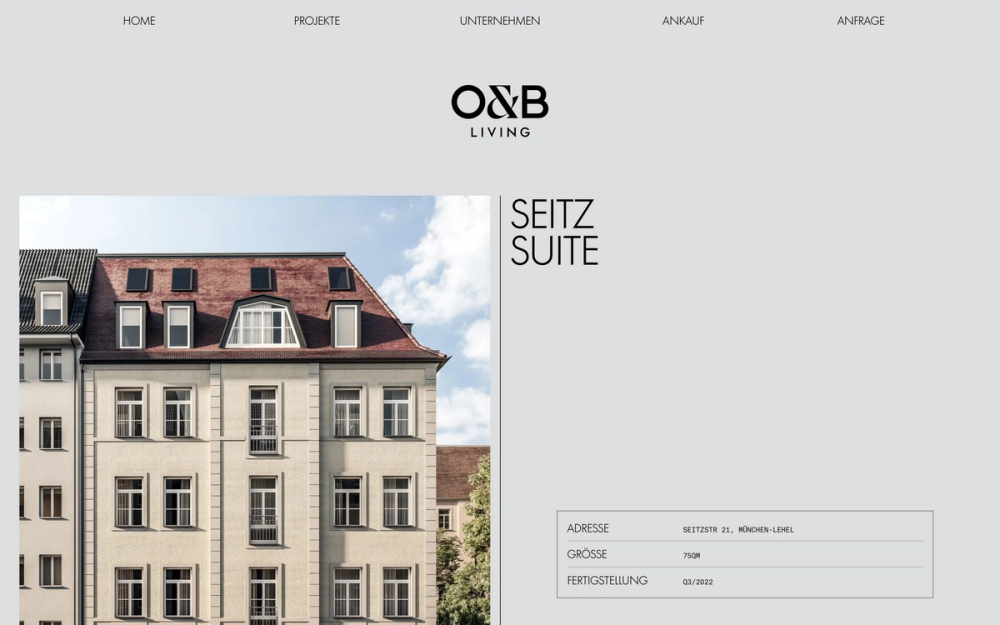 Screenshot from a project page of the O&B Living website showing the navigation bar, the logo and parts of an image of an urban house