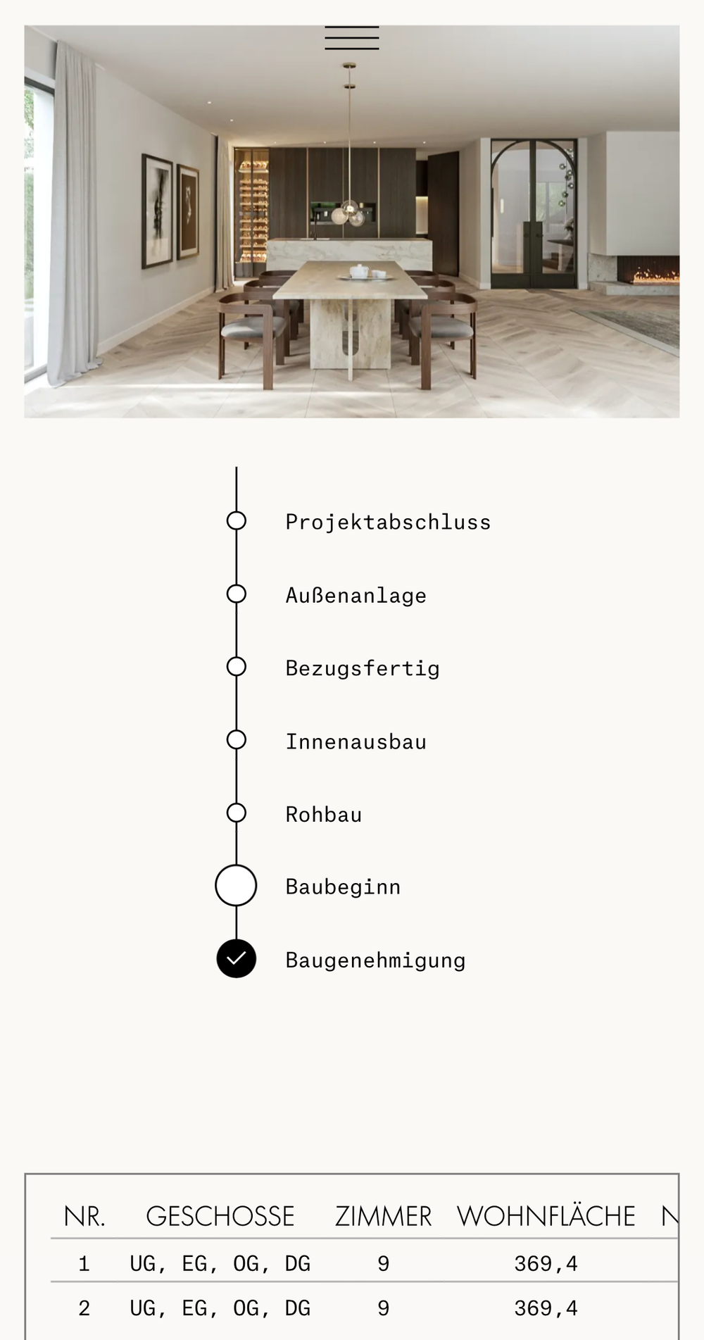 Screenshot from the O&B Living website showing an example of a project status list