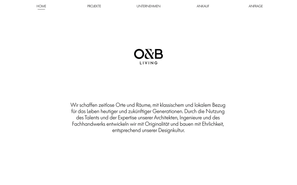 Screenshot of the O&B Living homepage with a logo and a short text paragraph