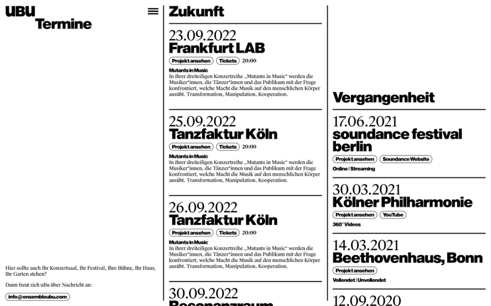 Screenshot of the Ensemble uBu events subpage with future and past events in two columns