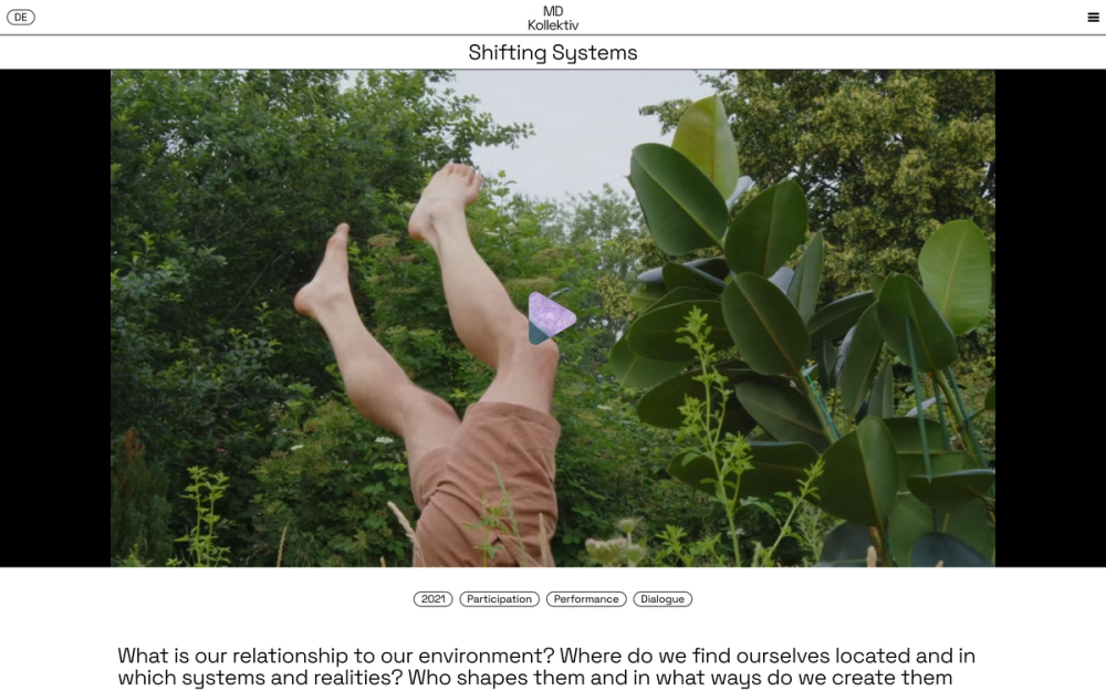 Screenshot from the MD Kollektiv website showing a project subpage with a large video thumbnail