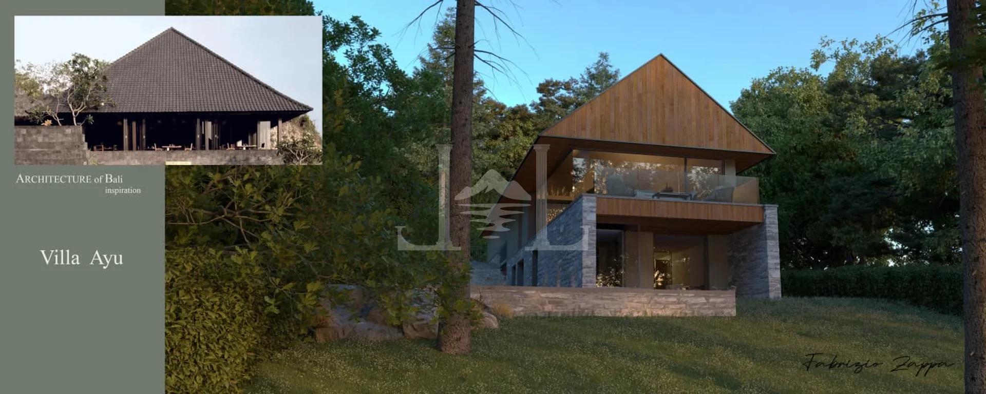 Exterior view of a modern villa featuring a pitched roof and elegant stone base, nestled among mature trees.