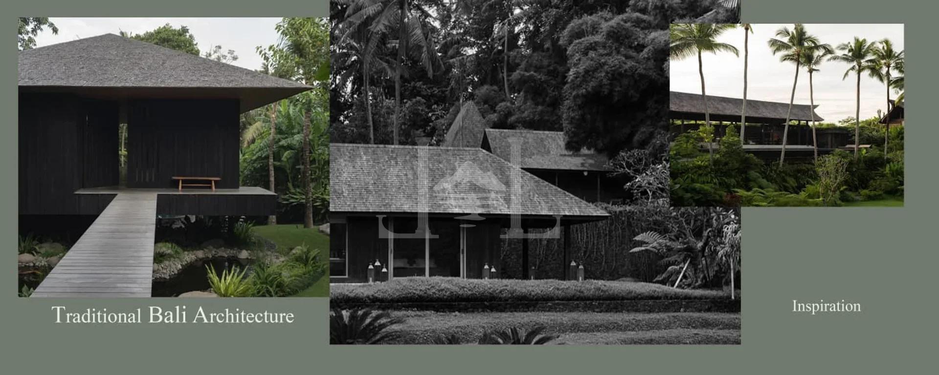 A collage of exterior views showcasing traditional Balinese architecture, characterized by dark wood, pitched roofs, and lush tropical landscaping.