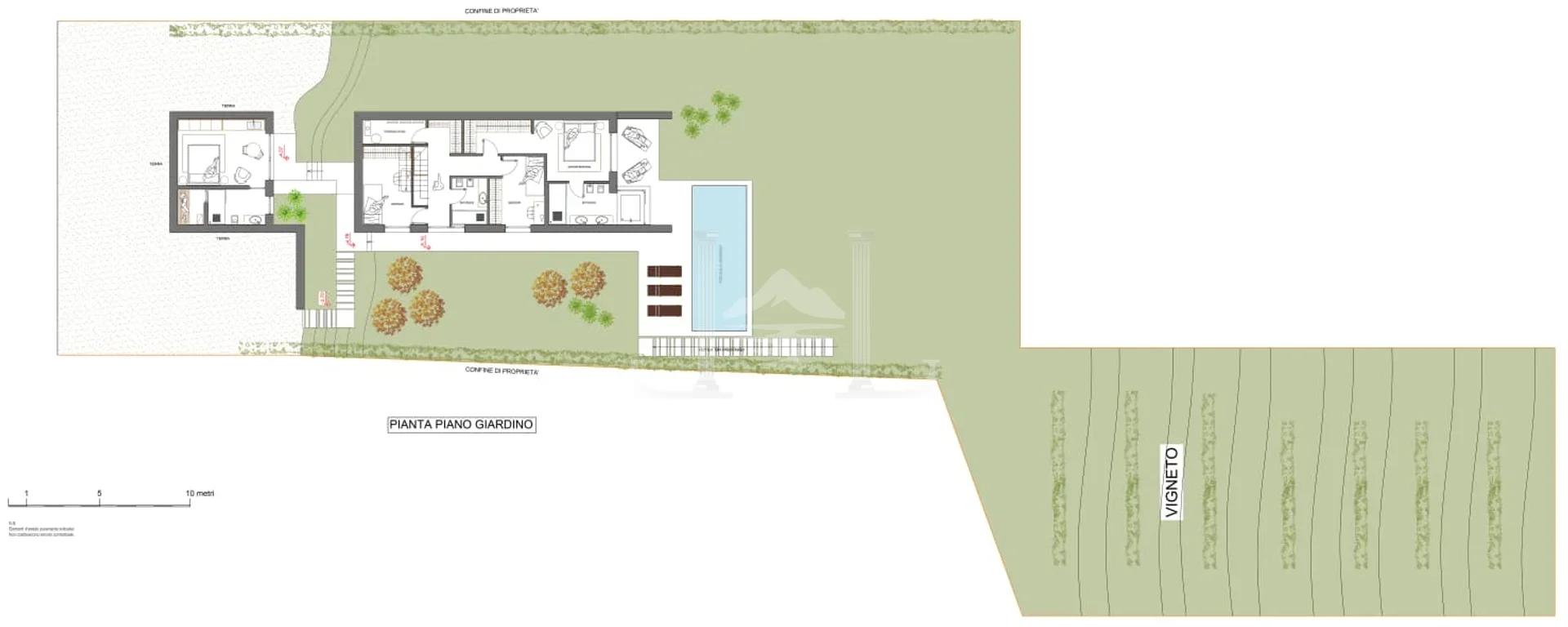Floor plan of the villa's garden level, illustrating the elegant layout of the rooms, swimming pool, and private vineyard.