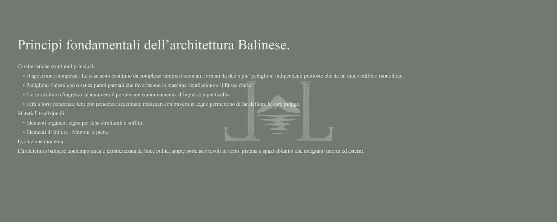 Presentation detailing the fundamental principles of Balinese architecture, including structural characteristics, traditional materials, and its modern evolution.