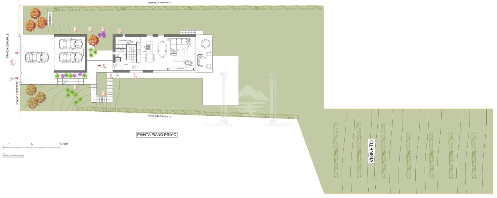 Floor plan of the villa's first floor, detailing the layout of the rooms, garage, and adjacent vineyard.