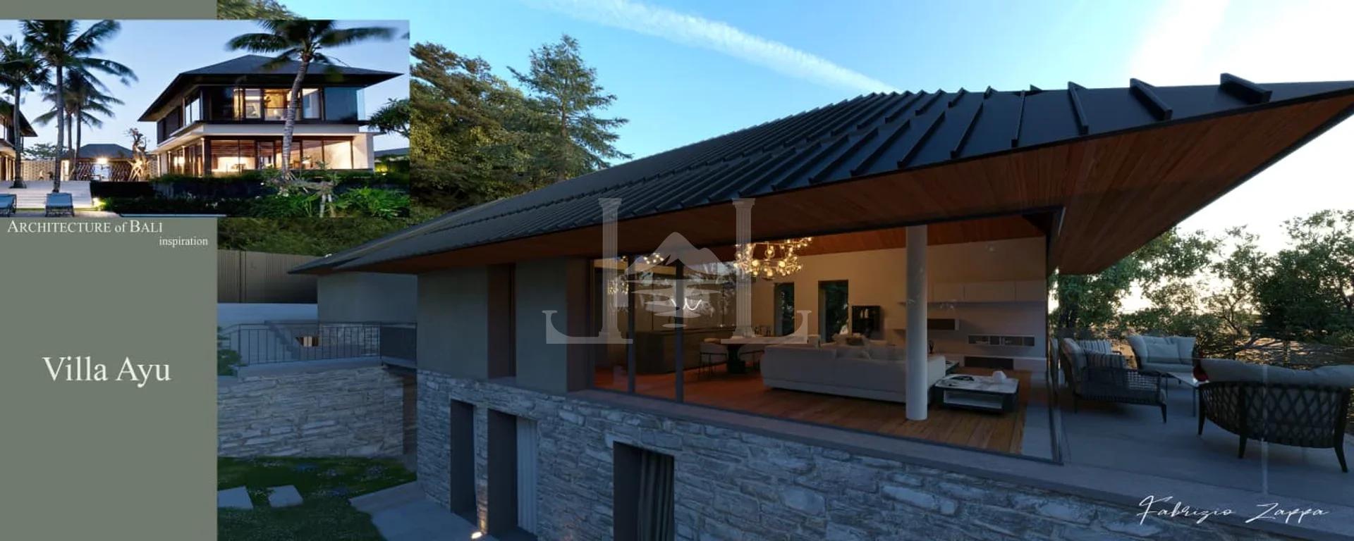 Exterior view highlighting a spacious covered terrace, seamlessly integrated with floor-to-ceiling glass walls.