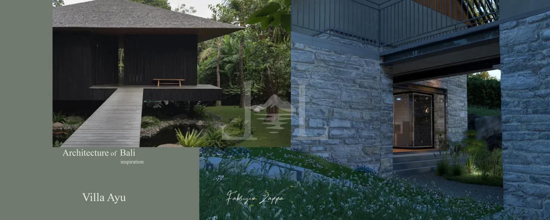 Exterior view of a modern villa inspired by Balinese architecture, featuring an elegant wooden walkway over a tranquil pond and natural stone walls.