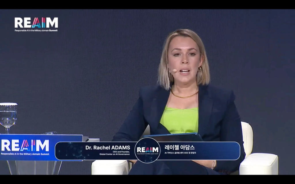 Dr Rachel Adams speaking at the REAIM Global Summit in Seoul. South Korea.