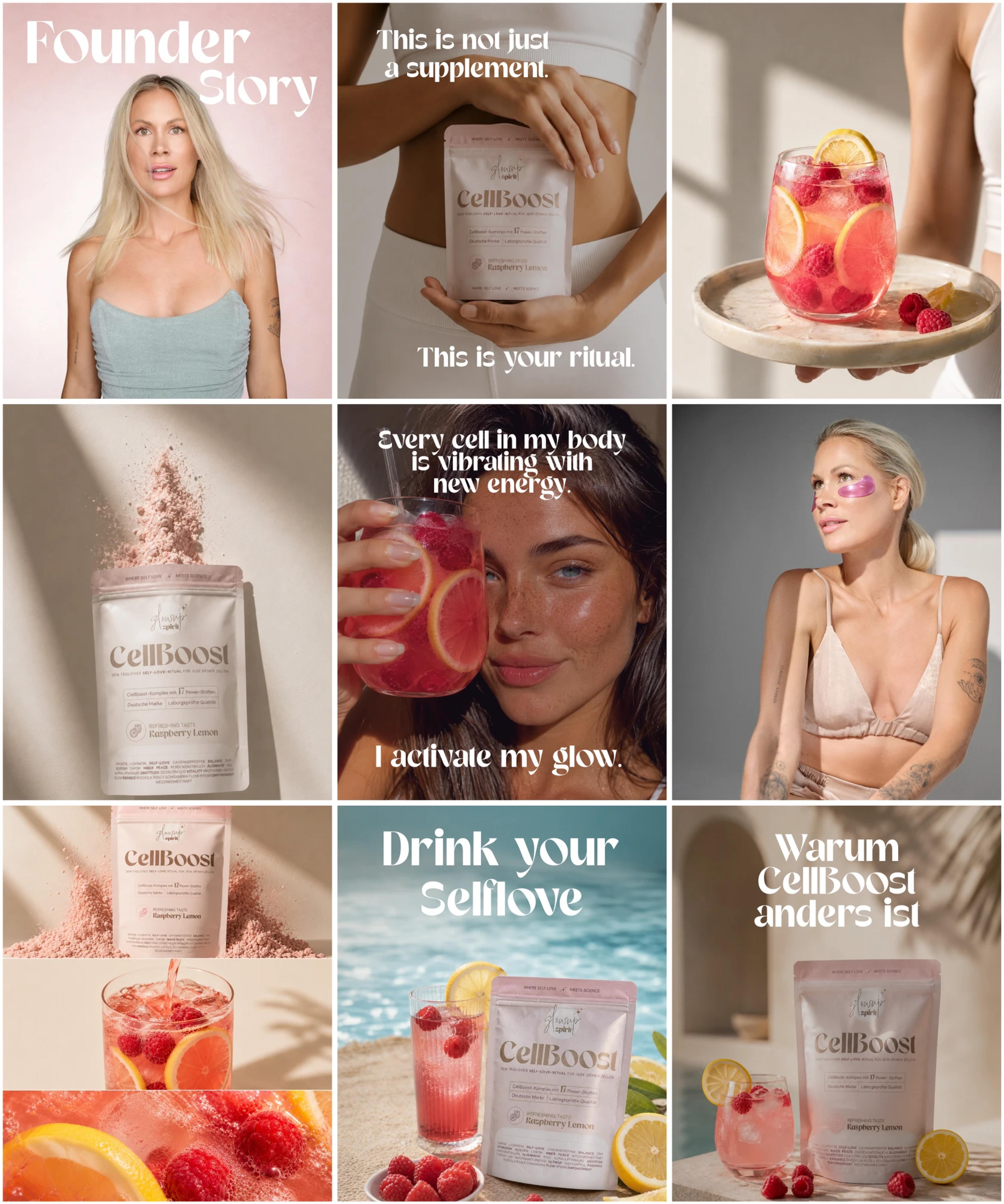 Instagram-Feed zum Launch von CellBoost (glowup spirit): Founder Story, Produktfotos und Ritual-Motive in Rosa