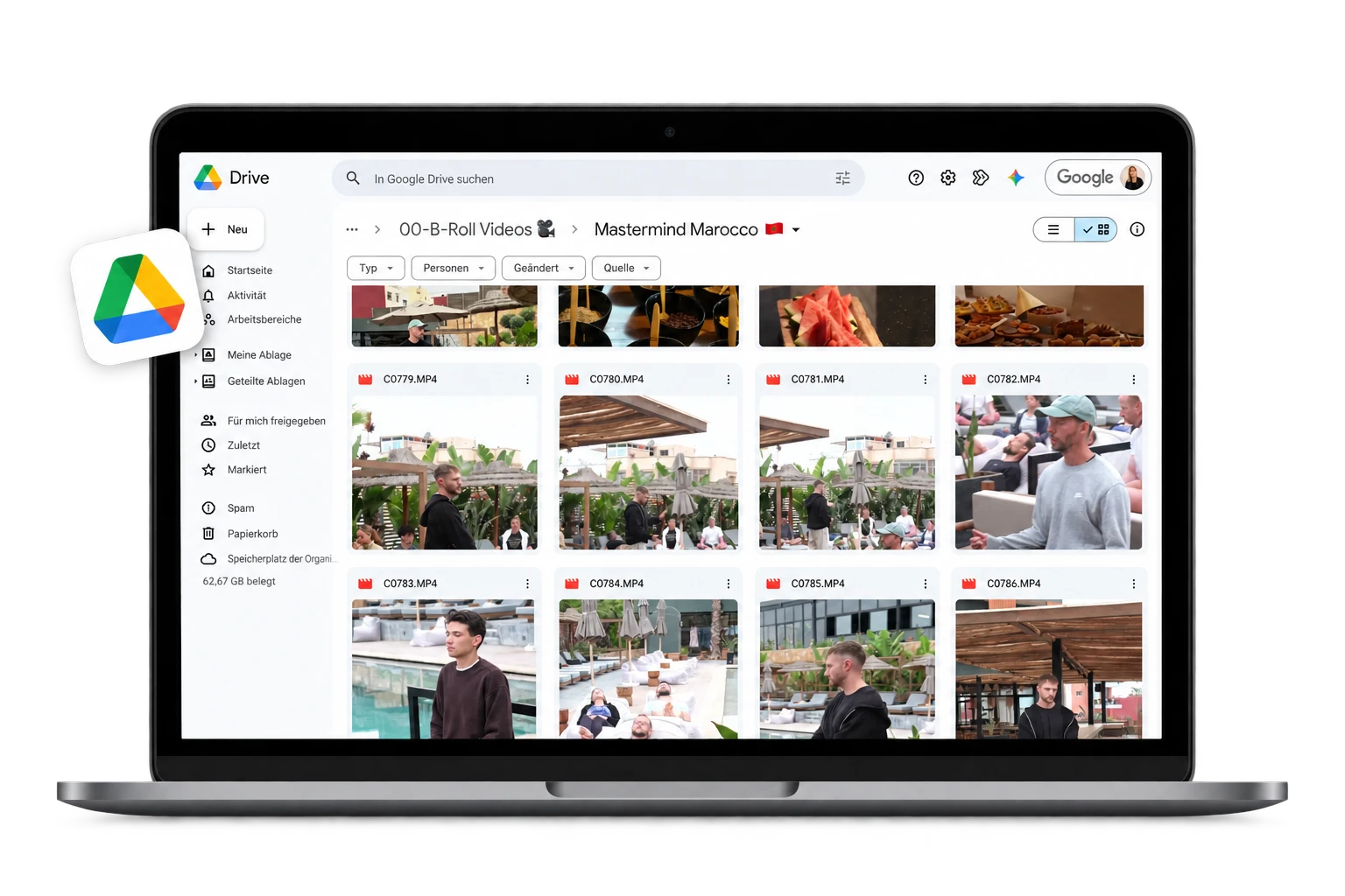Google Drive with organised b-roll videos on a laptop
