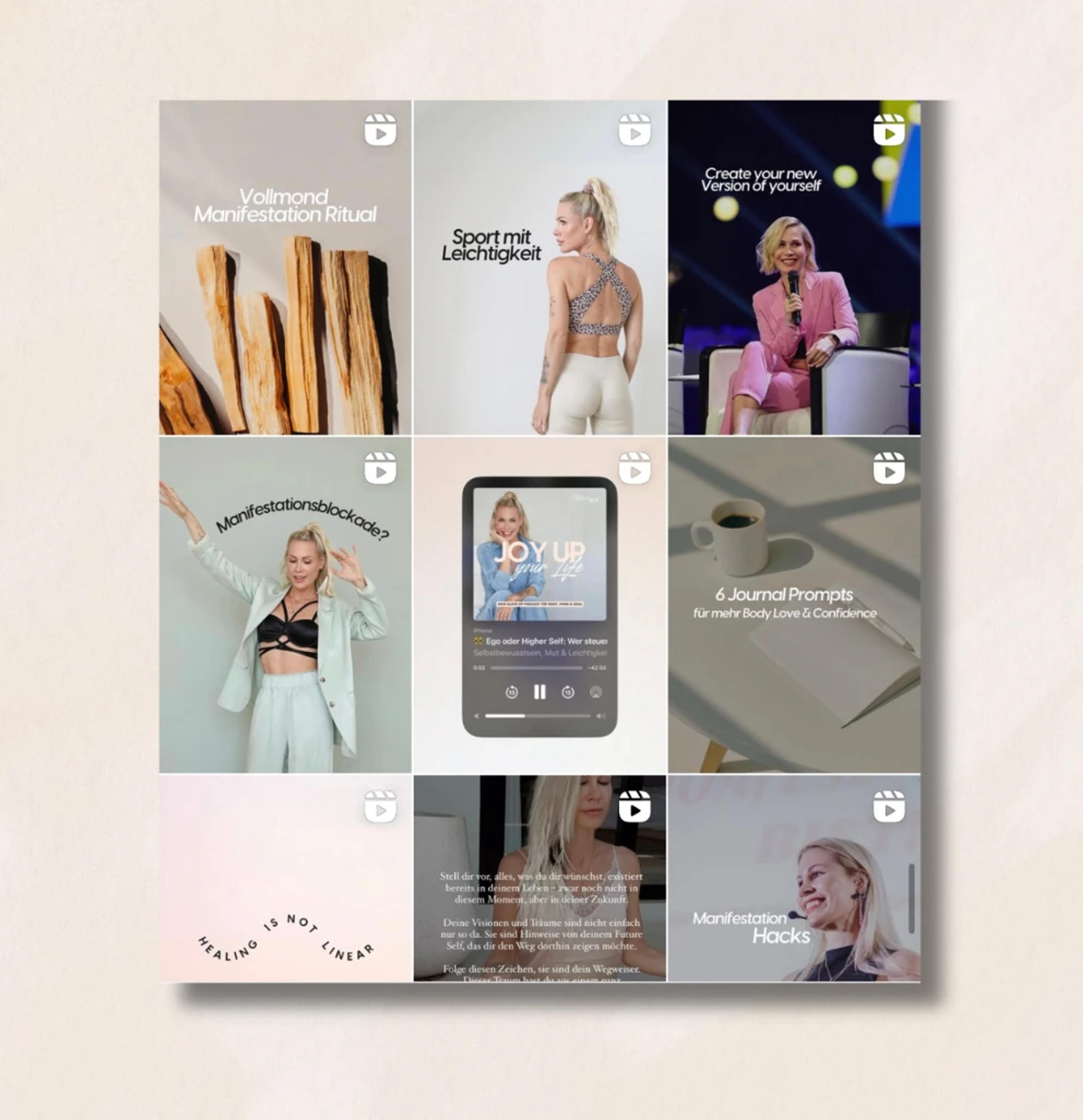 Instagram-Feed von Chrissi-Joy mit Reel-Covern zu Manifestation, Podcast und Body Love