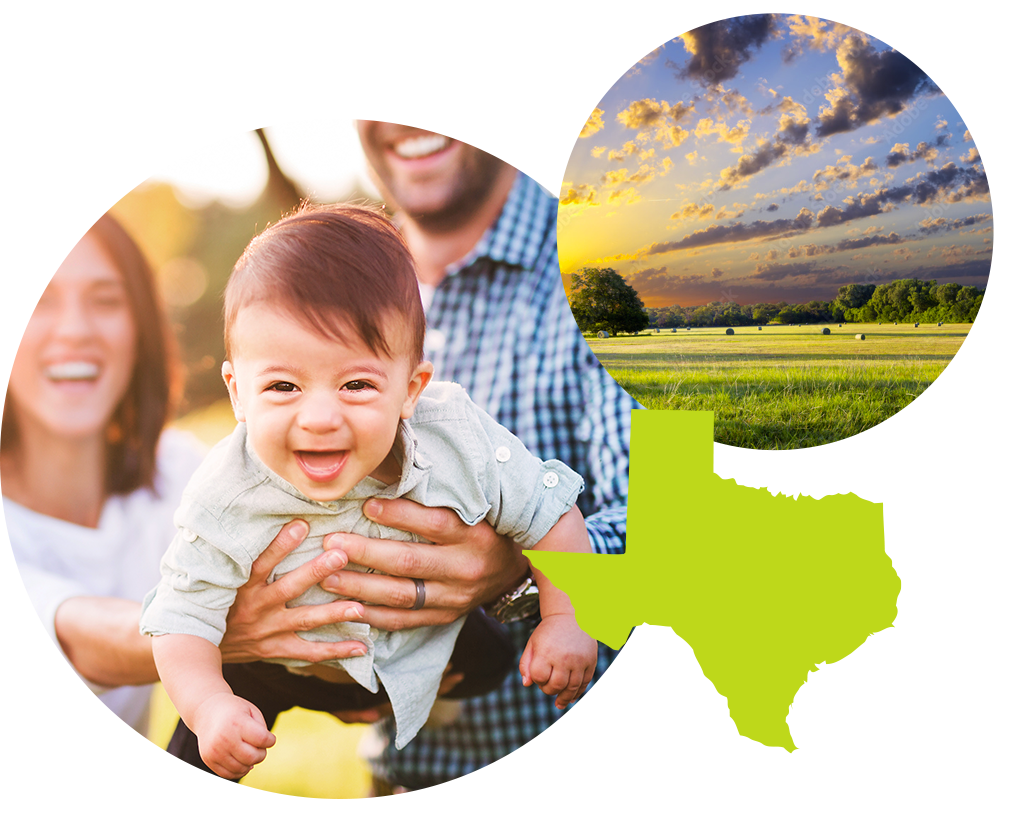 Smiling baby boy in his parents' arms next to photo of grassy plains at sunset in Texas.