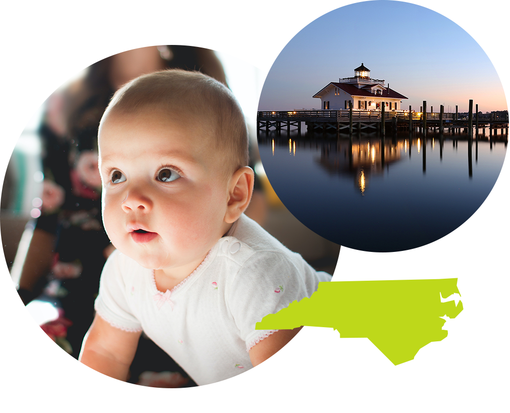 Smiling baby with brown eyes next to photo of a dock in North Carolina.