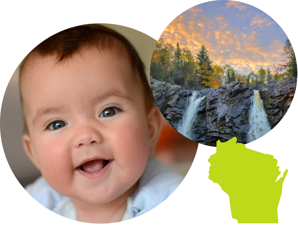 Smiling baby boy next to image of a waterfall and trees in Wisconsin.