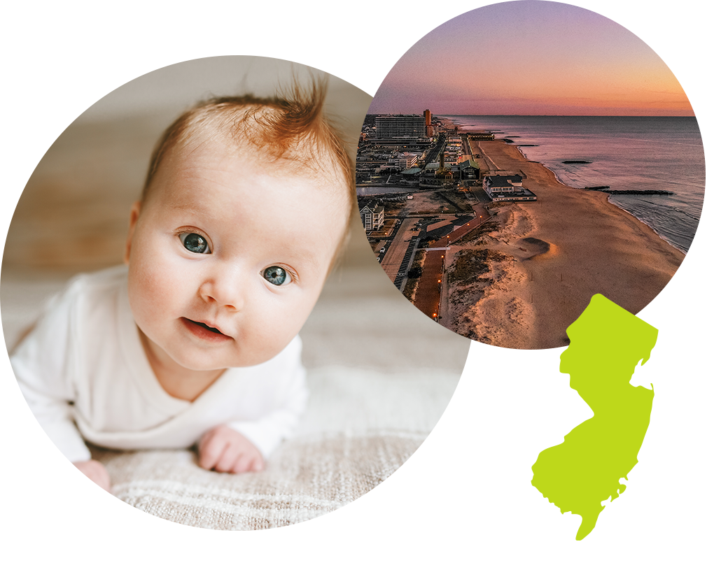 Smiling baby boy with red hair next to photo of the Jersey Shore in New Jersey.