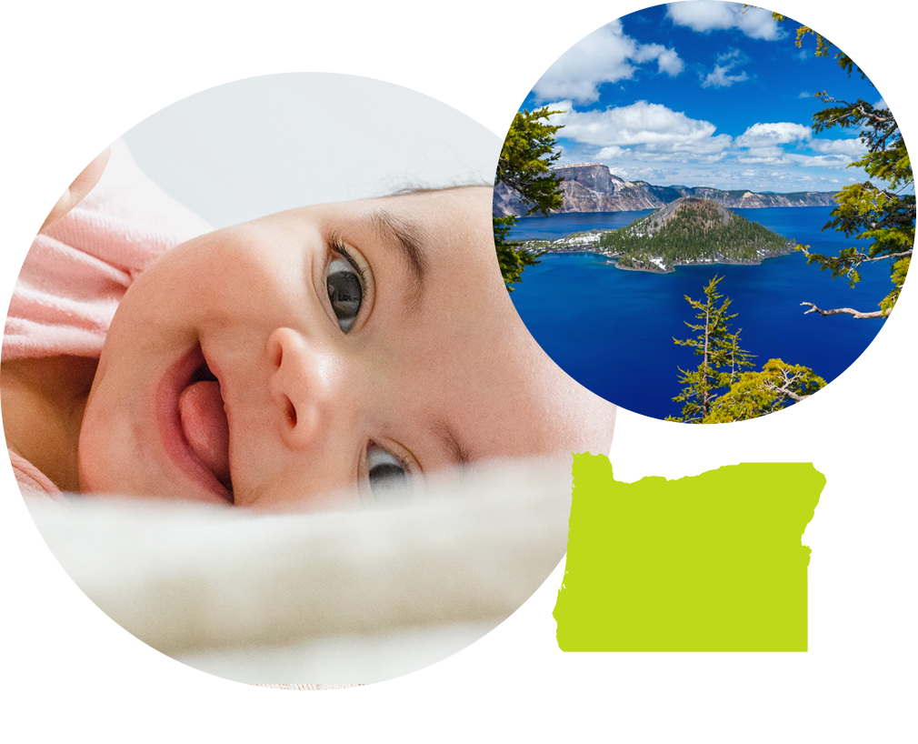 Smiling baby with brown eyes next to photo of Crater Lake in Oregon.