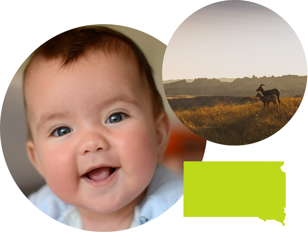 Smiling baby boy next to photo of open plains in South Dakota.