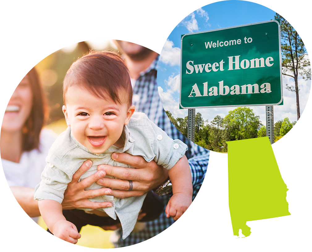 Smiling child in his parents' arms next to sign for Sweet Home Alabama.