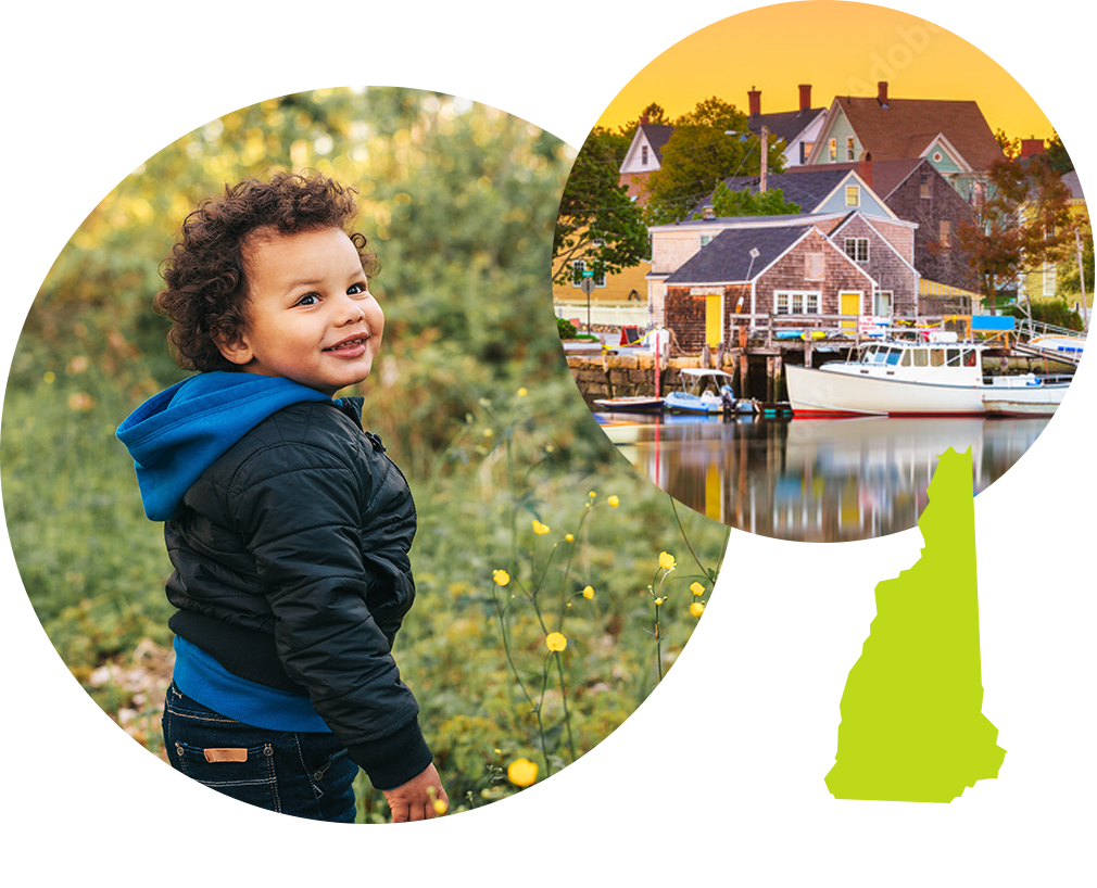 Smiling baby with brown hair next to image of a port town in New Hampshire.