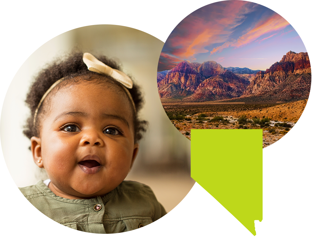 Smiling baby girl with a bow in her hair next to image of a canyon in Nevada.