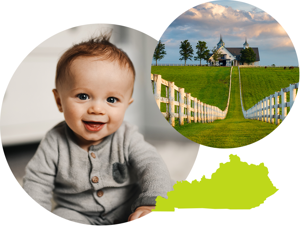 Smiling baby boy with brown hair next to image of a sunny farm in Kentucky.