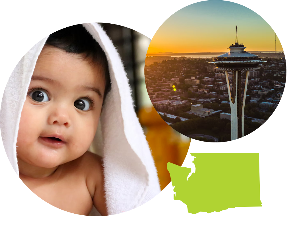 Smiling baby boy covered in a towel next to photo of the Space Needle in Seattle, Washington.