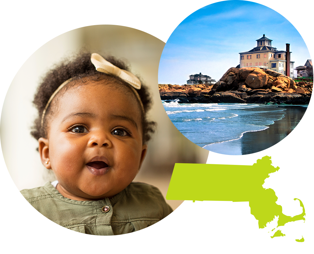 Baby girl with a bow in her hair next to image of a beach in Massachusetts.