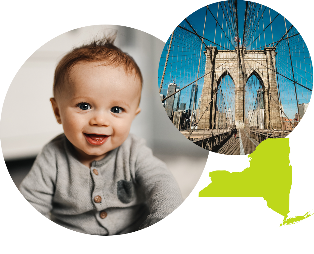 Smiling baby boy with brown hair next to photo of the Brooklyn Bridge in New York City.