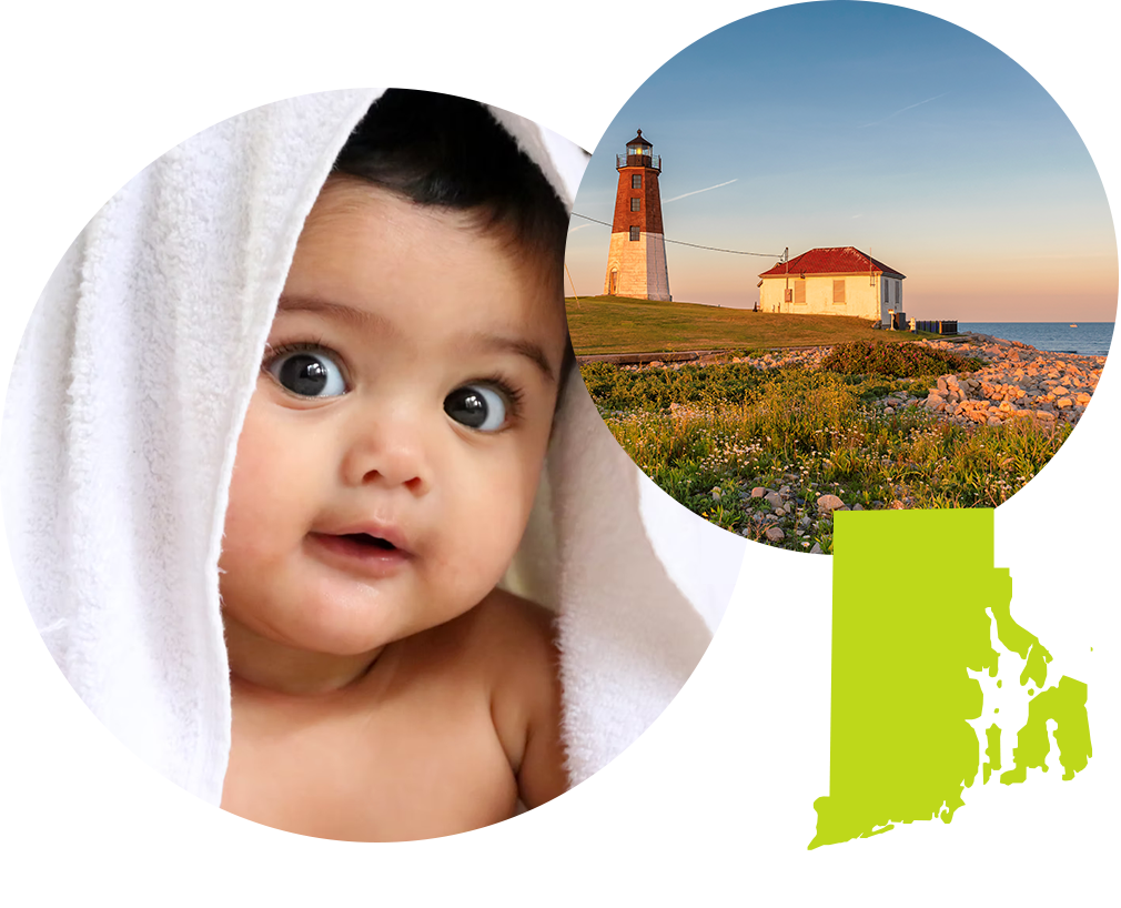Smiling baby boy with brown hair and eyes next to photo of a lighthouse on the shore in Rhode Island.