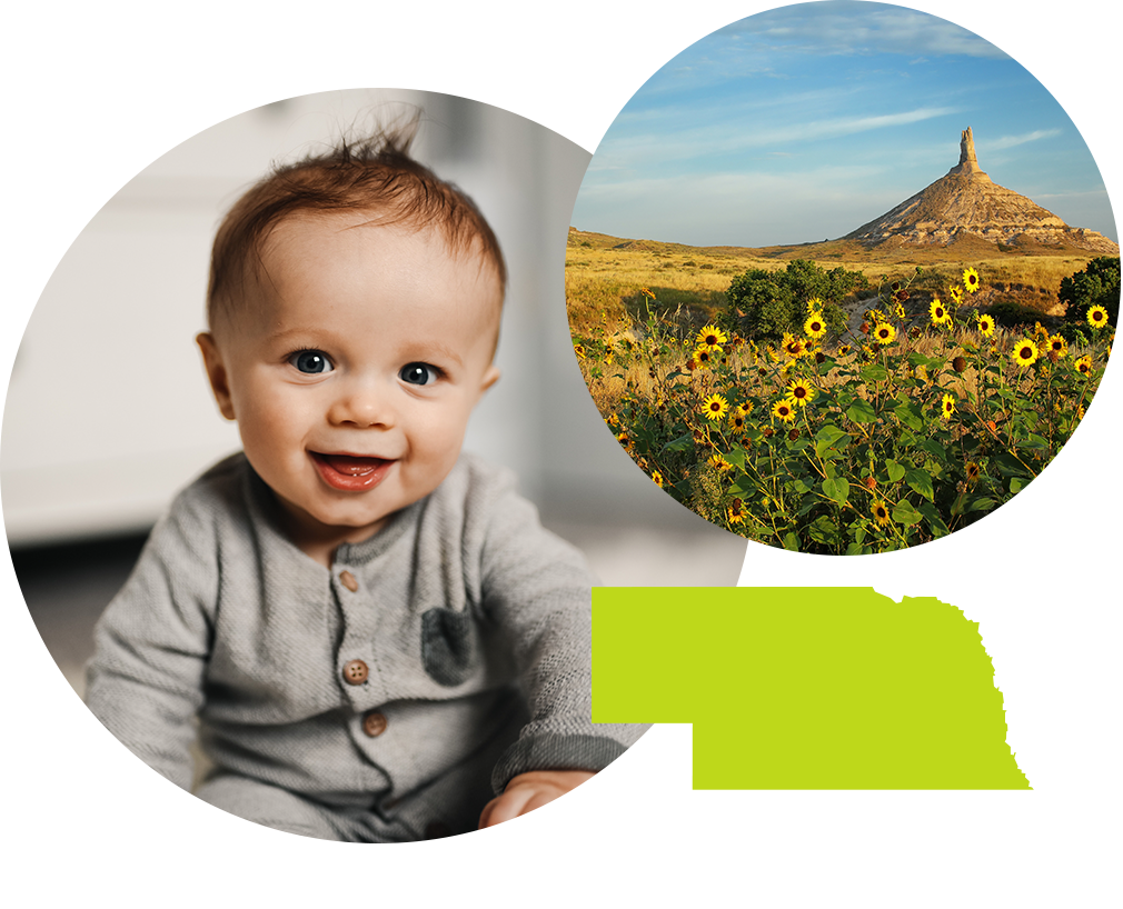 Smiling baby boy with brown hair next to photo of Chimney Rock in Nebraska.