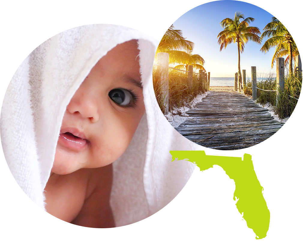 Baby boy covered in a towel next to image of a beach with palm trees in Florida.
