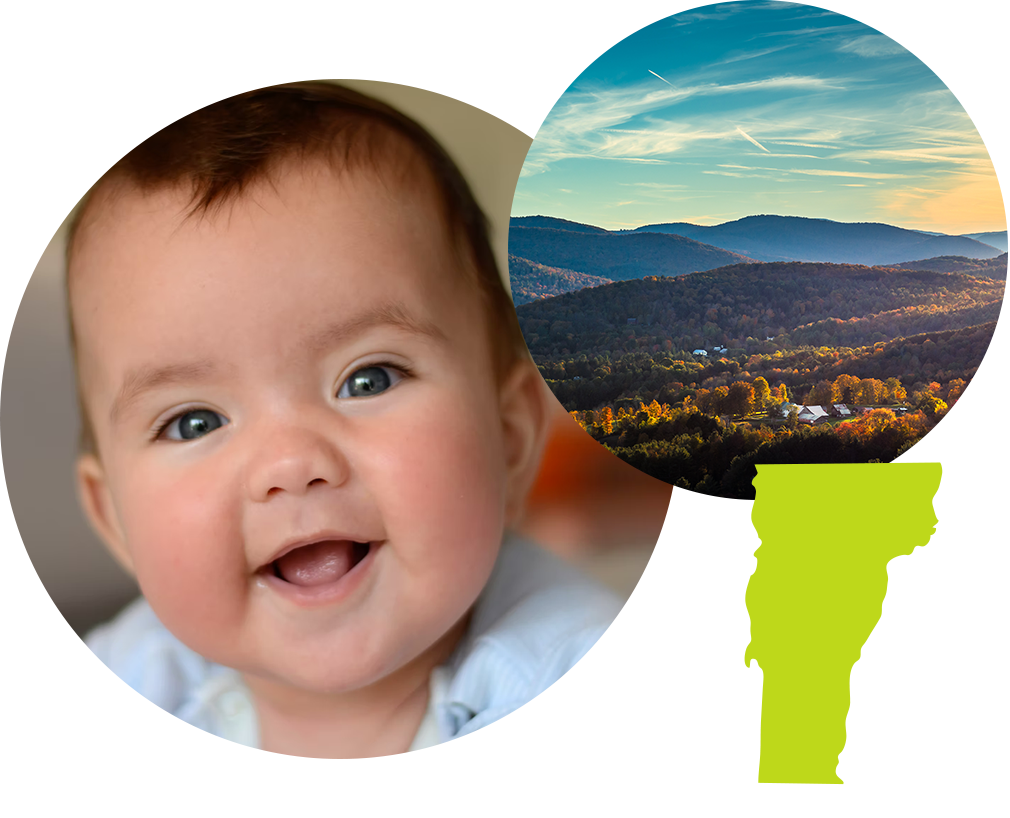 Smiling baby boy next to image of mountains in Vermont.