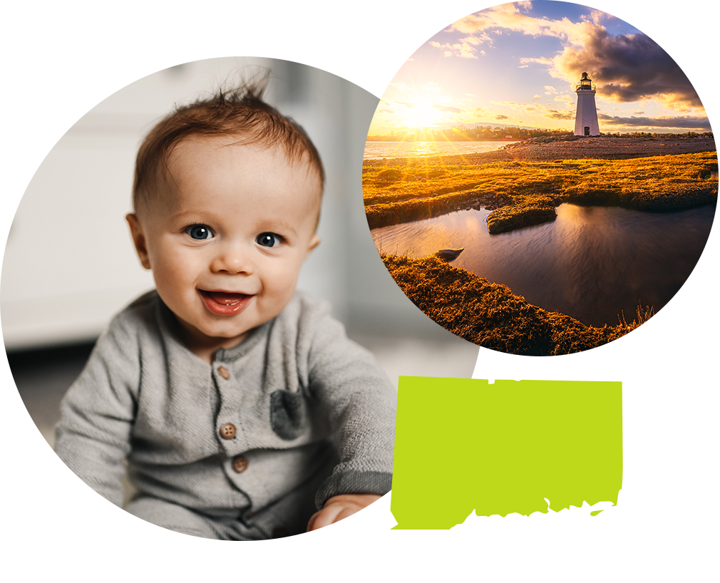 Smiling baby boy with brown hair next to image of a sunny lighthouse in Connecticut.