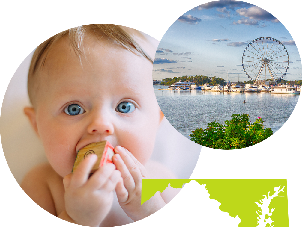 Baby boy with blue eyes sucking on a toy block next to image of a pier and Ferris Wheel in Maryland.