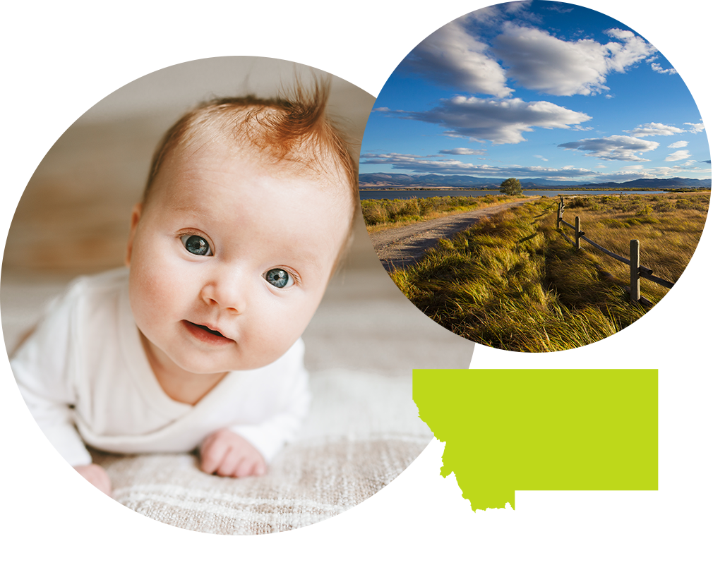 Smiling baby boy with red hair next to image of a field in Montana.