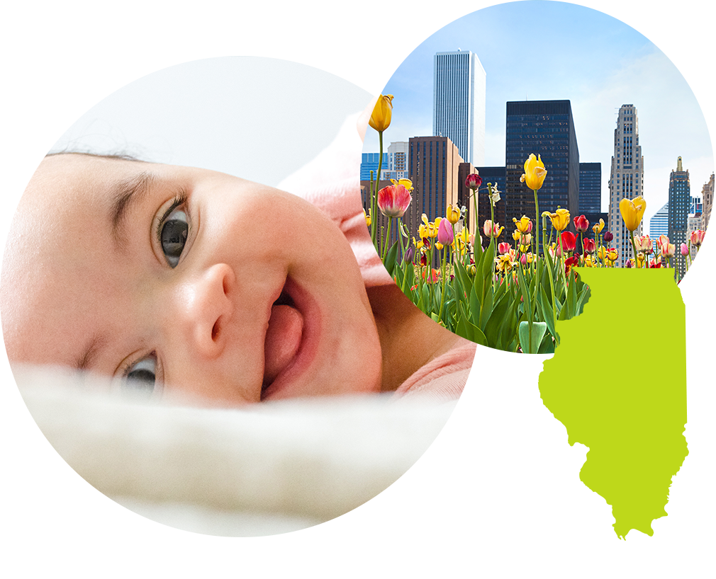 Smiling baby boy with brown eyes next to photo of flowers and the city of Chicago.