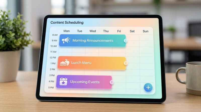 A modern and user-friendly digital signage scheduling interface on a tablet showing a weekly calendar with colorful content blocks for different times of day.