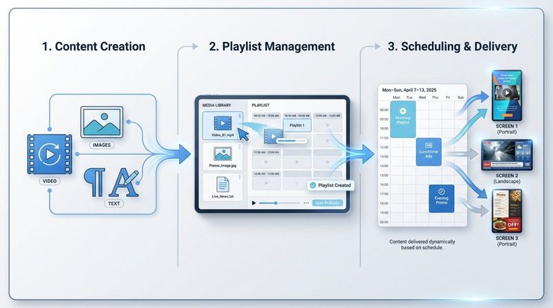 Infographic illustrating the digital signage scheduling workflow from content creation to delivery with clean modern design.