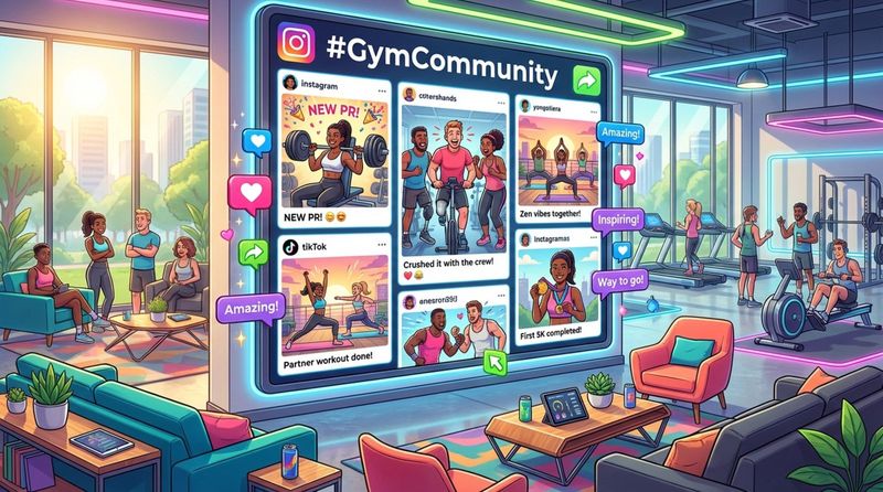 Colorful illustration of a gym's social media wall displaying user posts with hashtag and engagement icons.