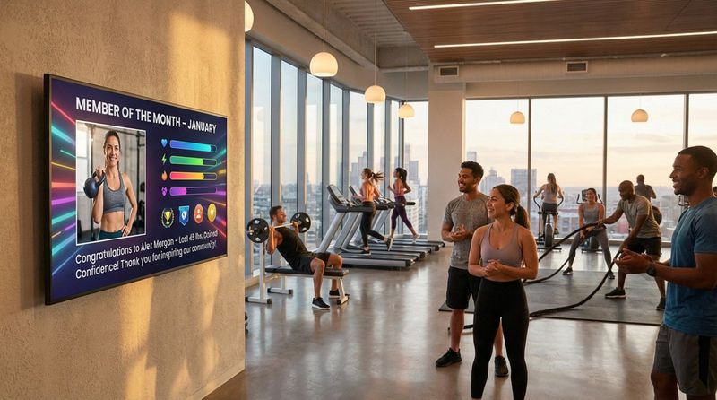 A digital signage screen in a gym showcases the member of the month, inspiring community and achievement.