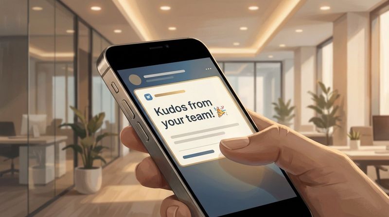 Close-up of a phone screen showing a kudos notification from a team, highlighting small digital interactions that foster trust in a modern office setting.
